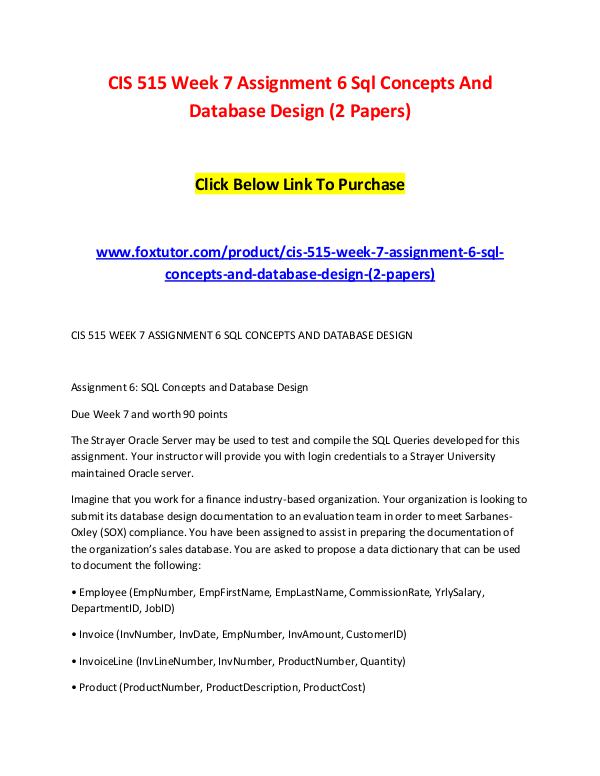 CIS 515 Week 7 Assignment 6 Sql Concepts And Database Design (2 Paper CIS 515 Week 7 Assignment 6 Sql Concepts And Datab