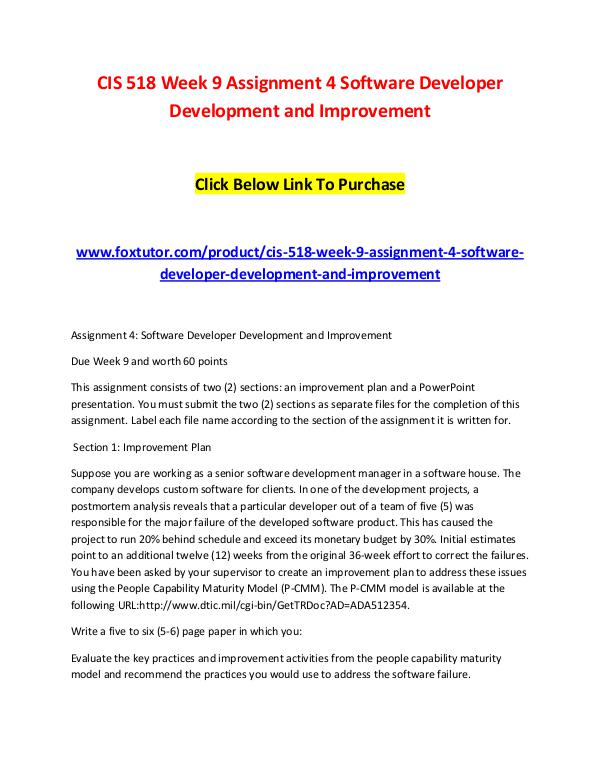 CIS 518 Week 9 Assignment 4 Software Developer Development and Improv CIS 518 Week 9 Assignment 4 Software Developer Dev