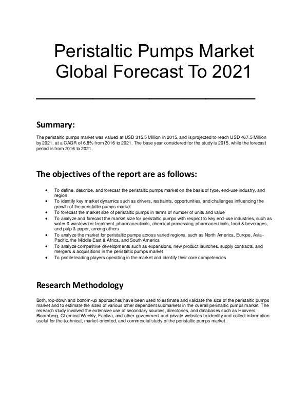 Peristaltic Pumps Market Global Forecast To 2021 Peristaltic Pumps Market Global Forecast 2021