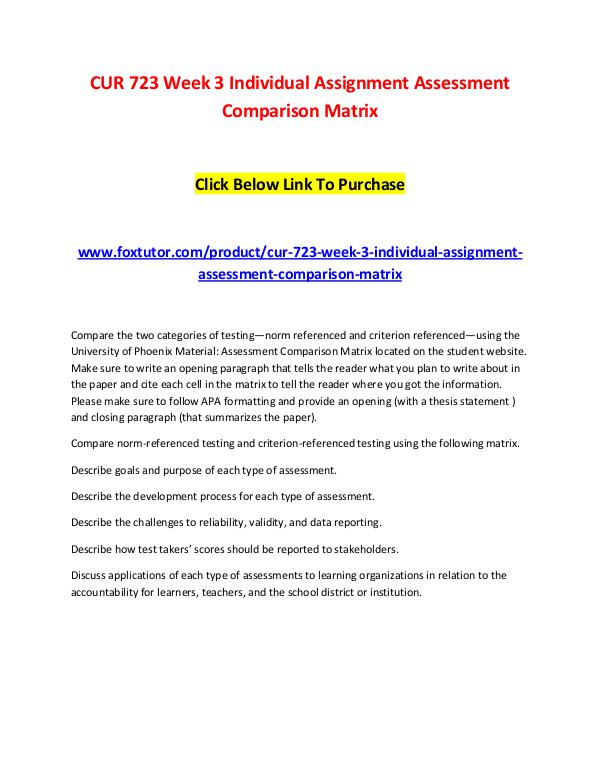 CUR 723 Week 3 Individual Assignment Assessment Comparison Matrix CUR 723 Week 3 Individual Assignment Assessment Co