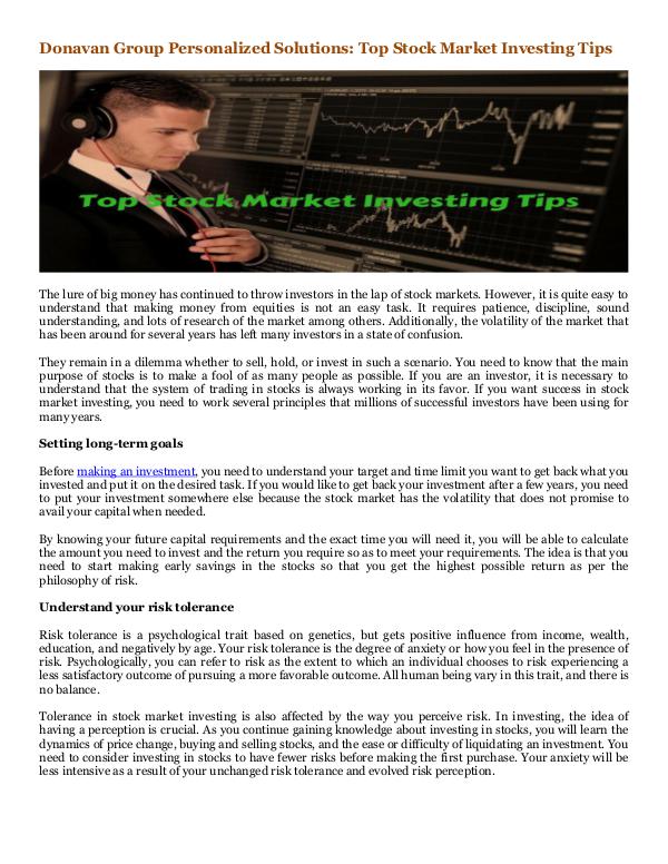 Donavan Group Consulting in Singapore and Tokyo, Japan Top Stock Market Investing Tips