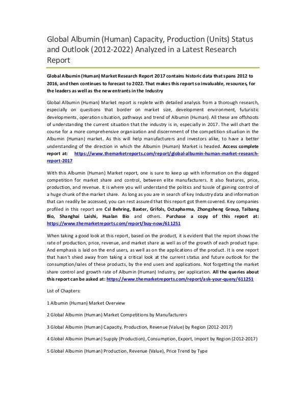 Global Albumin (Human) Market Research Report 2017 Global Albumin (Human) Market Research Report 2017