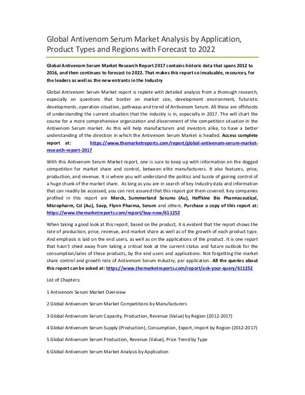 Global Albumin (Human) Market Research Report 2017 Global Antivenom Serum Market Research Report 2017