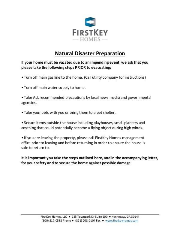 FirstKey Resident Disaster Plan FirstKey Resident Disaster procedures