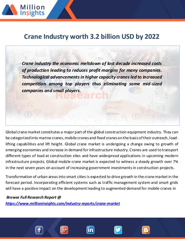 Market Revenue Crane Industry worth 3.2 billion USD by 2022