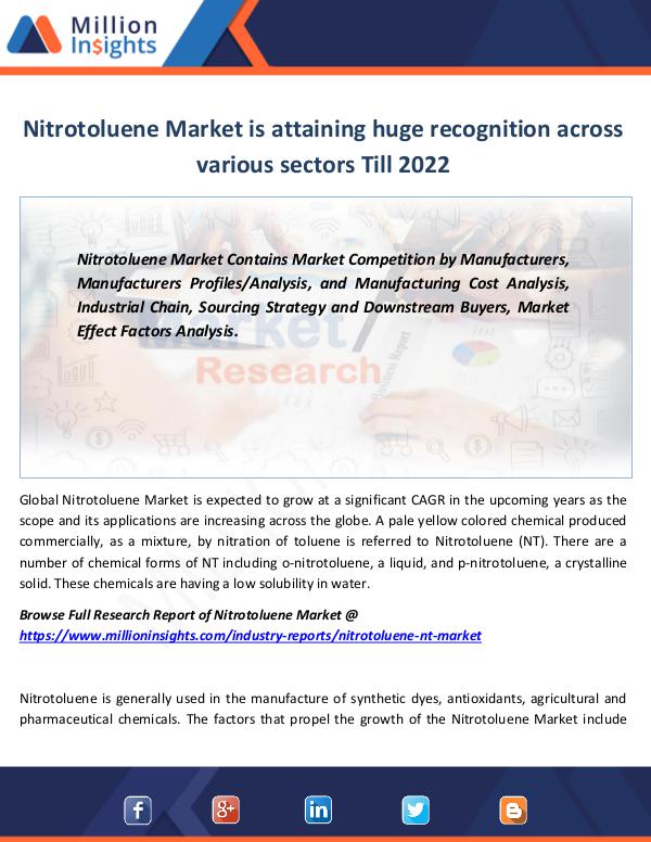 Market Revenue Nitrotoluene Market is attaining huge recognition