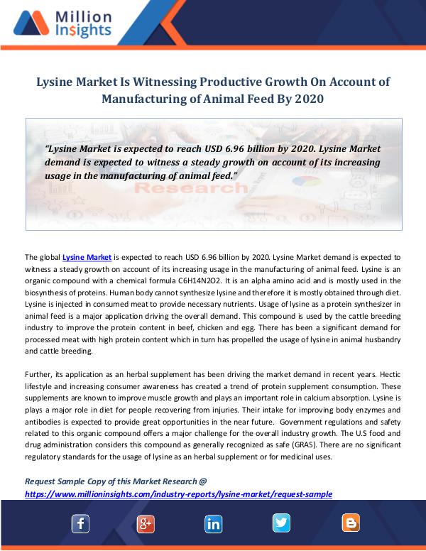 Market Revenue Lysine Market Is Witnessing Productive Growth