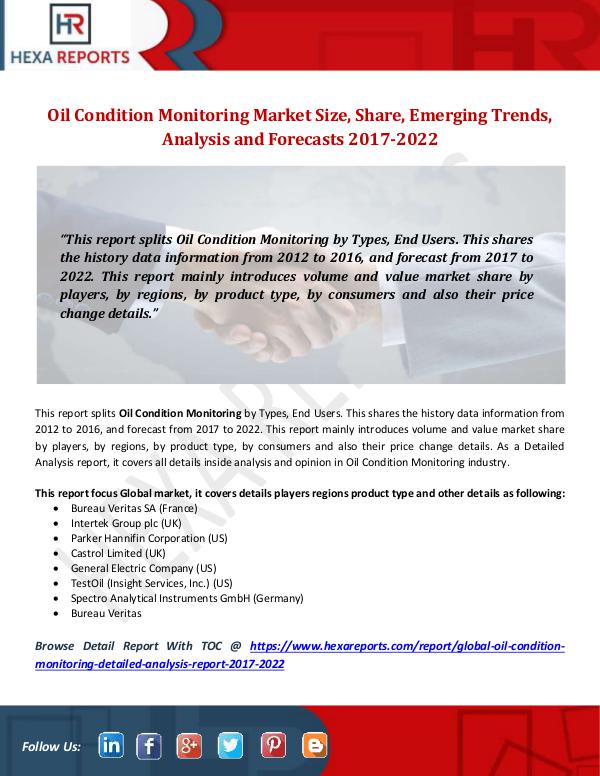 Hexa Reports Oil Condition Monitoring Market Size, Share, Emerg