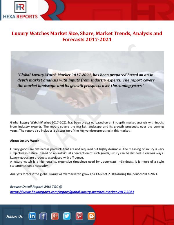 Luxury Watches Market Size, Share, Market Trends,