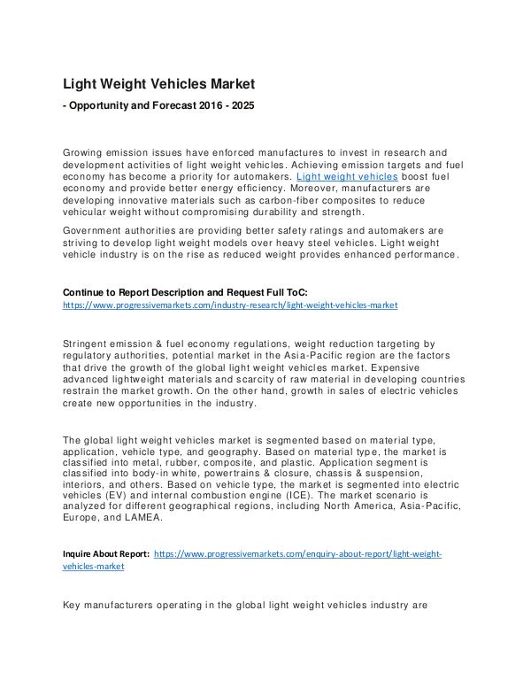 Light Weight Vehicles Market 2017 Light Weight Vehicles Market