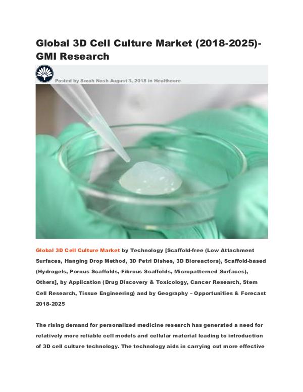 Global 3D Cell Culture Market (2018-2025)-GMI Research Global 3D Cell Culture Market (2018-2025)-GMI Rese