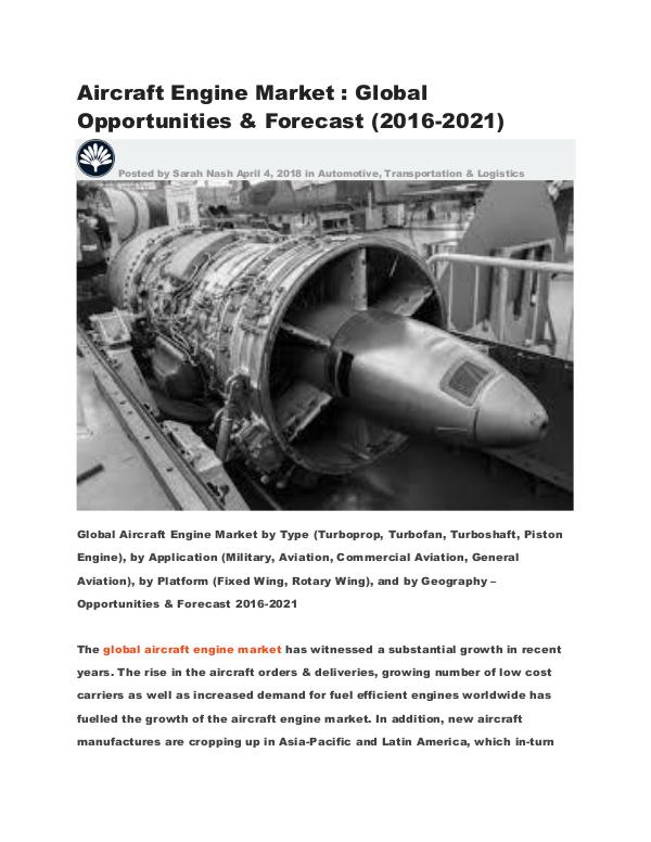 Aircraft Engine Market : Global Opportunities & Forecast (2016-2021) Global Aircraft Engine Market Opportunities & Fore