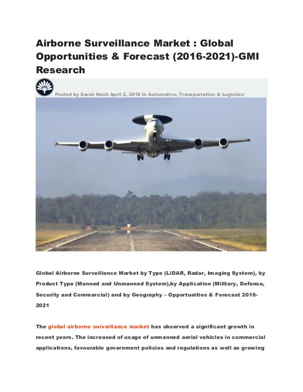 Global Airborne Surveillance Market Opportunities &Forecast 2016-2021 Global Airborne Surveillance Market Opportunities
