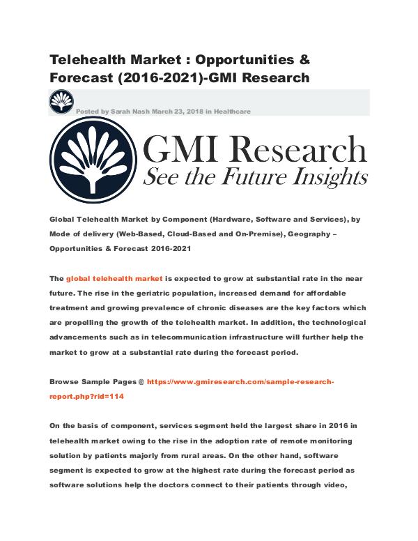 Telehealth Market : Opportunities & Forecast (2016-2021)-GMI Research Telehealth Market Opportunities & Forecast (2016-2