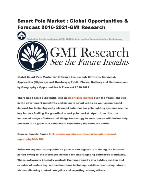 Smart Pole Market : Global Opportunities & Forecast (2016-2021) Global Smart Pole Market Opportunities & Forecast