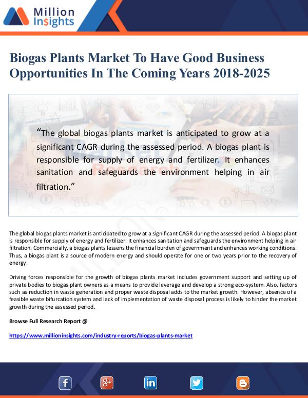 Biogas Plants Market To Have Good Business Opportu