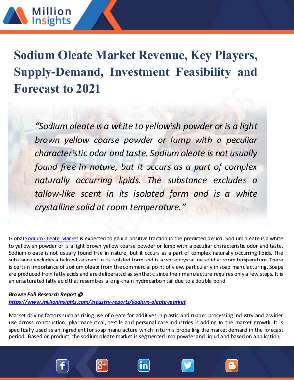 Sodium Oleate Market Revenue, Key Players, Supply