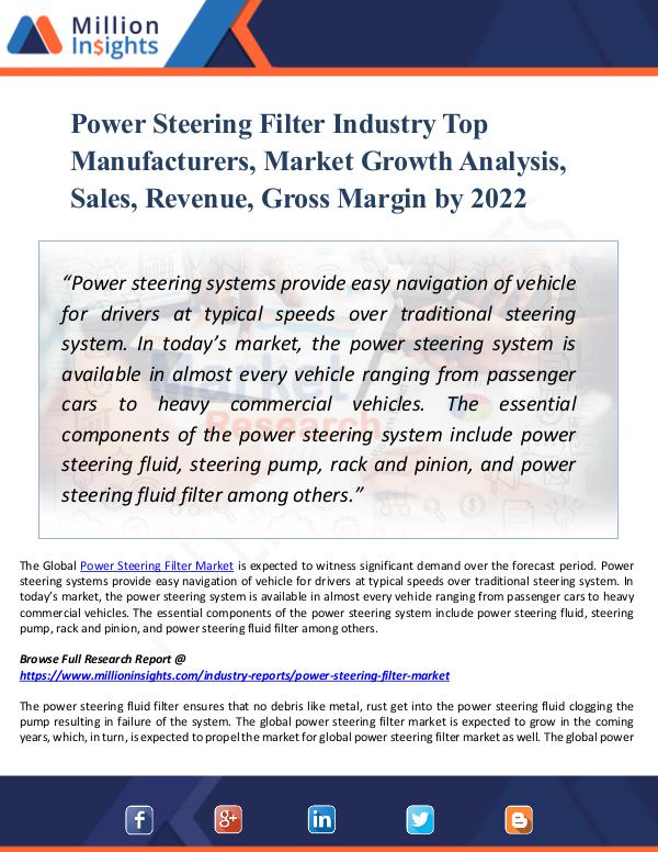 Power Steering Filter Market Analysis by 2022