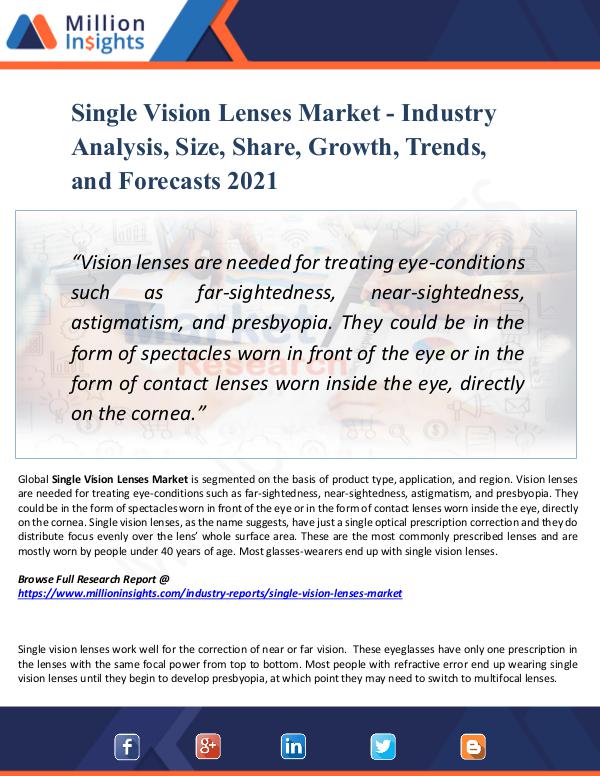 Market New Research Single Vision Lenses Market  Analysis, 2021