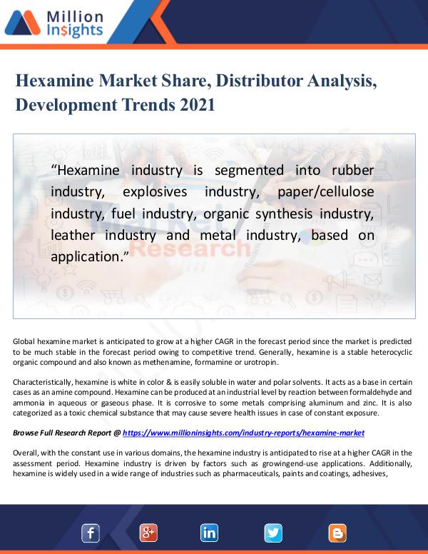 Latest Market Research Trends Hexamine Market Share, Distributor Analysis 2021