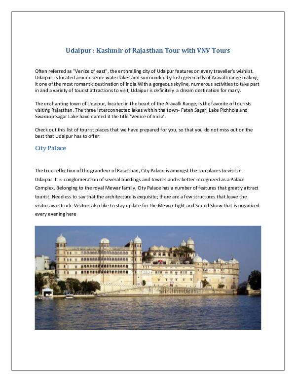 Udaipur : Kashmir of Rajasthan Tour with VNV Tours Udaipur-Kashmir of Rajasthan Tour with vnv tours