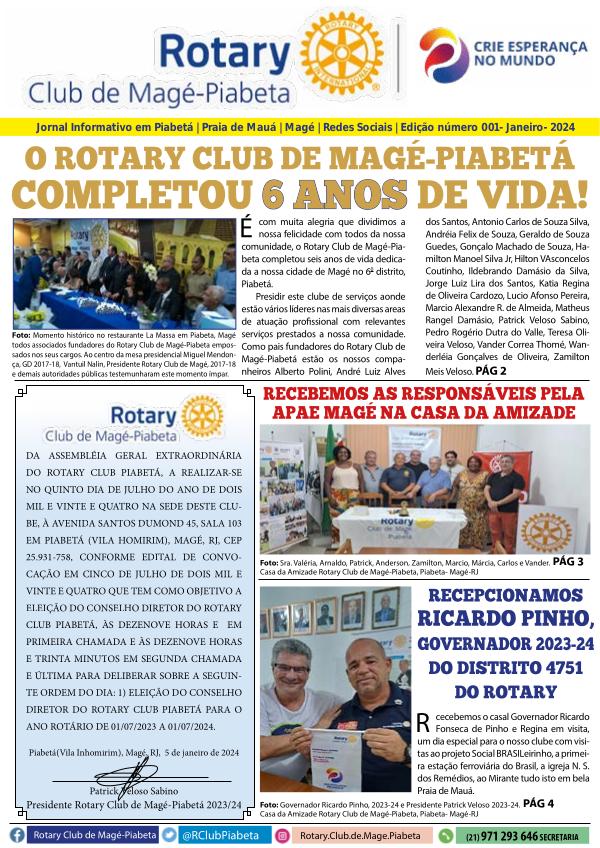 JORNAL INFORMATIVO ROTARY CLUB DE MAGÉ-PIABETA Jornal Informativo em Piabetá Praia de Mauá  Magé  Redes Sociais  Edição número 001- Janeiro- 2024