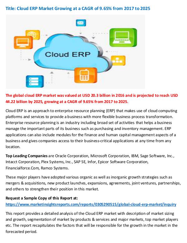 Research Report Cloud ERP Market Growing at a CAGR of 9.65% from 2