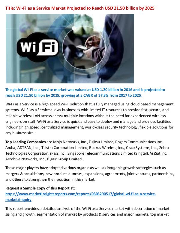 Research Report Wi-Fi as a Service Market Projected to Reach USD 2