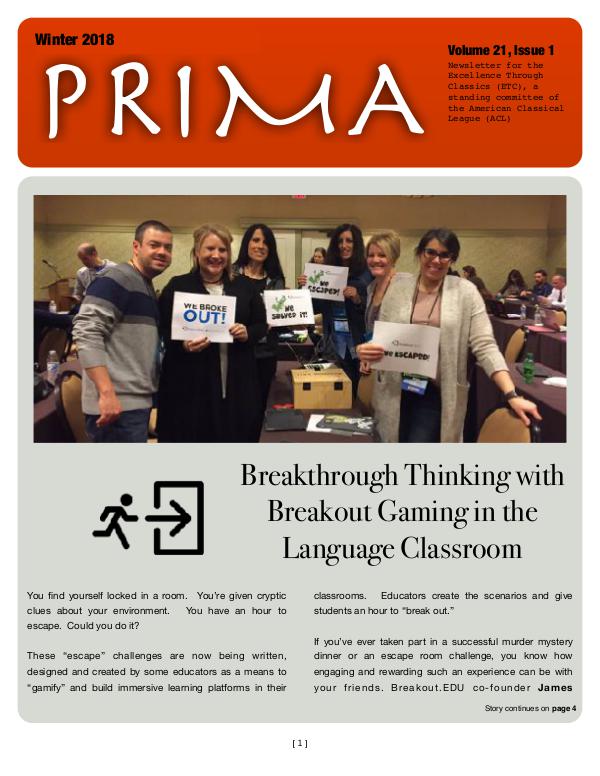 PRIMA, the newsletter of Excellence Through Classics PRIMA-Winter 2018