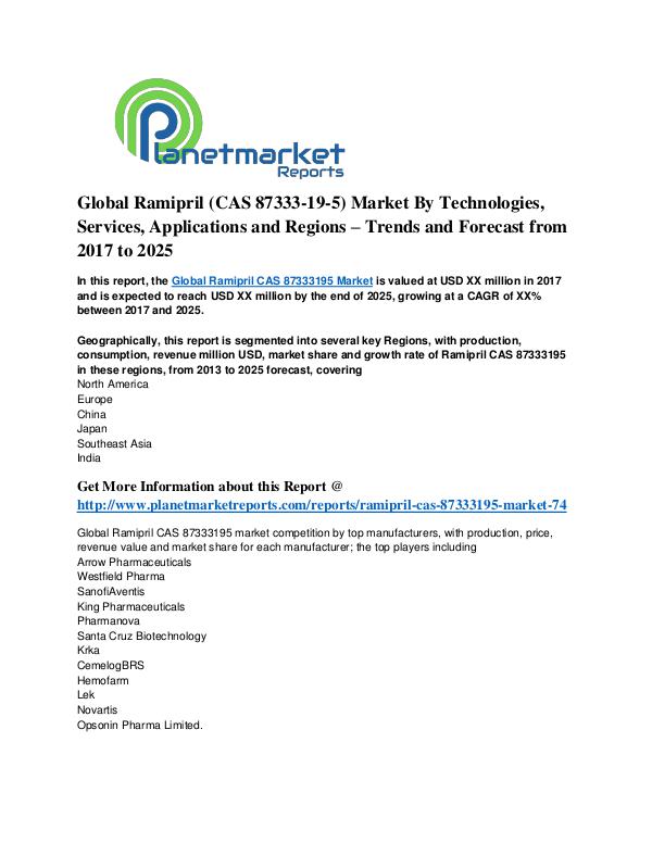 Global Ramipril (CAS 87333-19-5) Market Forecast from 2017 to 2025 Global Ramipril