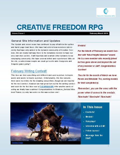 Creative Freedom RPG Newsletter Volume 2 Issue 1 Volume 2