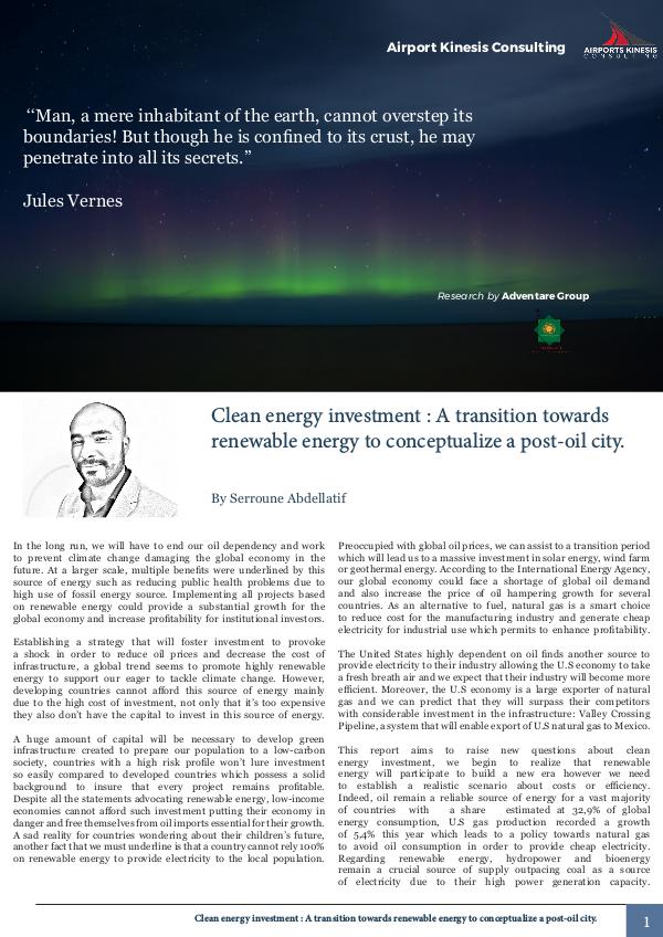 Clean energy investment : A transition towards renewable energy Renewable Publication 2017- September