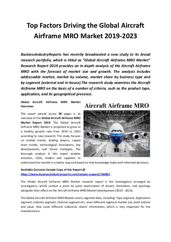 Market Research Reports Global Aircraft Airframe MRO Market Report 2019