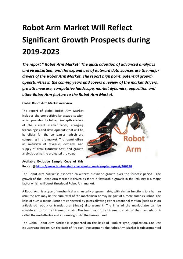 Market Research Reports Global Robot Arm Market Report 2019