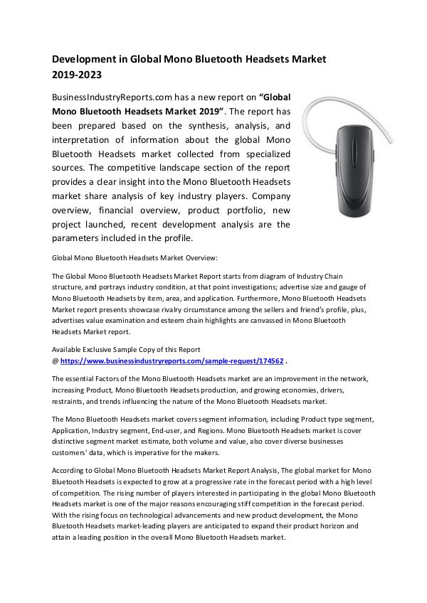 Market Research Reports Mono Bluetooth Headsets Market 2019