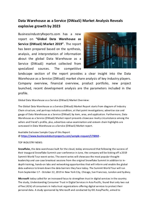 Market Research Reports Data Warehouse as a Service (DWaaS) Market 2019