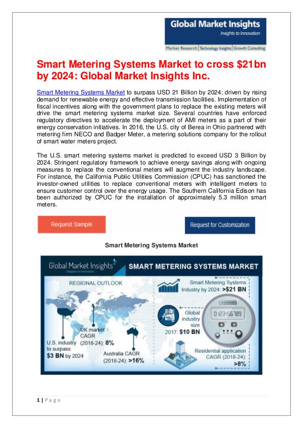 Smart Metering Systems Market to cross $21bn by 2024 Smart Metering Systems Market