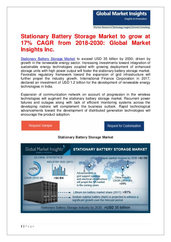 Stationary Battery Storage Market to grow at 17% CAGR from 2018-2030 Stationary Battery Storage Market