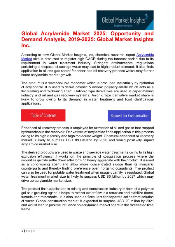 Acrylamide Market 2019 By Industry Growth & Regional Trend To 2025 Acrylamide Market
