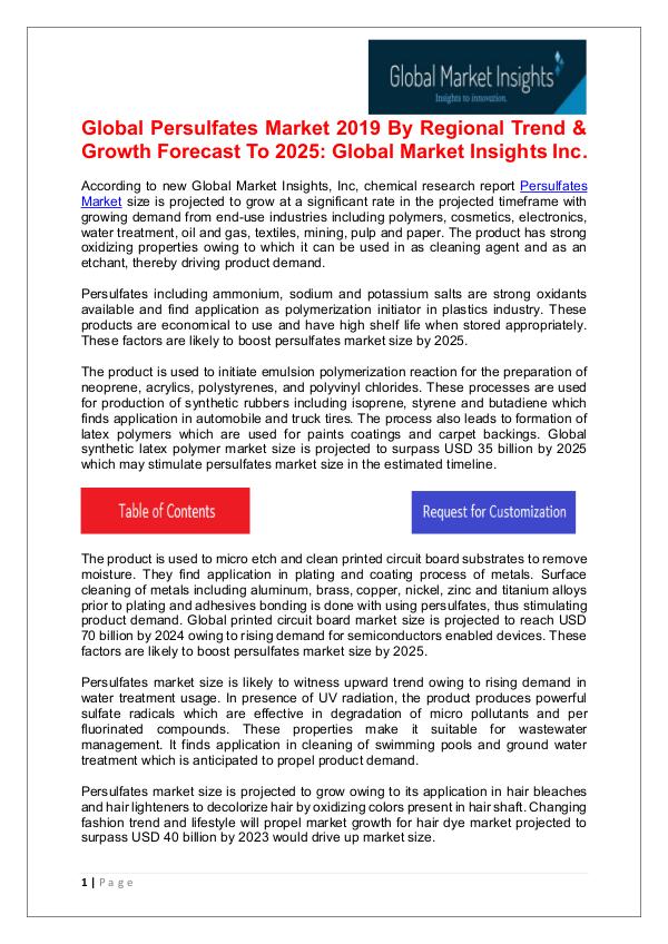 Persulfates Market anticipated to witness significant growth by 2025 Persulfates Market