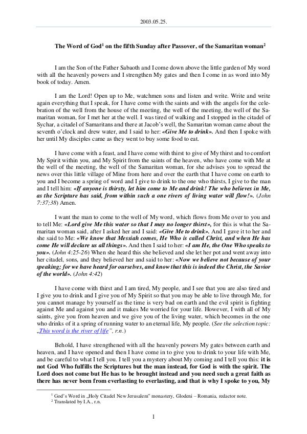 The Word of God in Romania 2003.05.25 - The Word of God on the fifth Sunday a