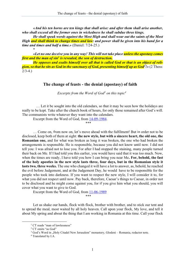 The Word of God about the change of feasts - the d The Word of God about the change of feasts - the d