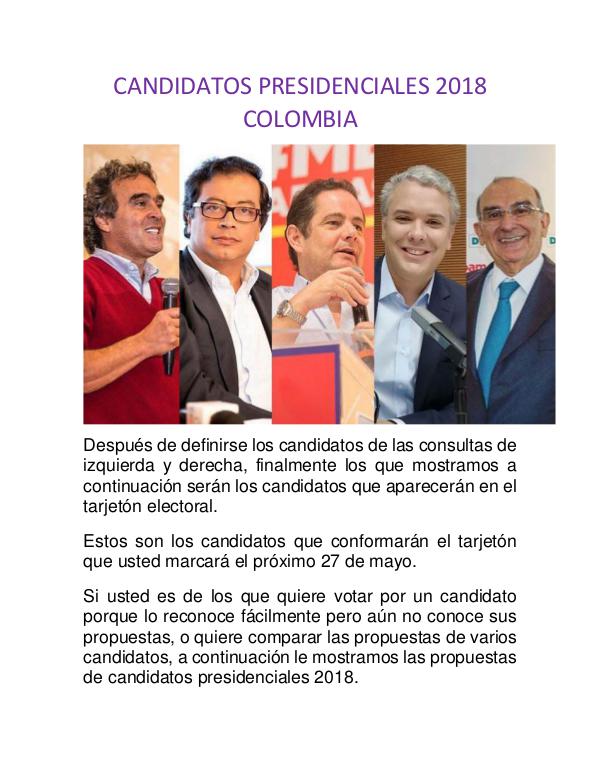 CANDIDATOS PRESIDENCIALES COLOMBIA 2018 CANDIDATOS PRESIDENCIALES 2018 COLOMBIA