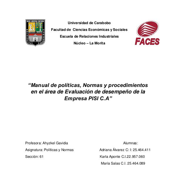 Manual de políticas pdf MANUAL DE POLITICAS . PISI C