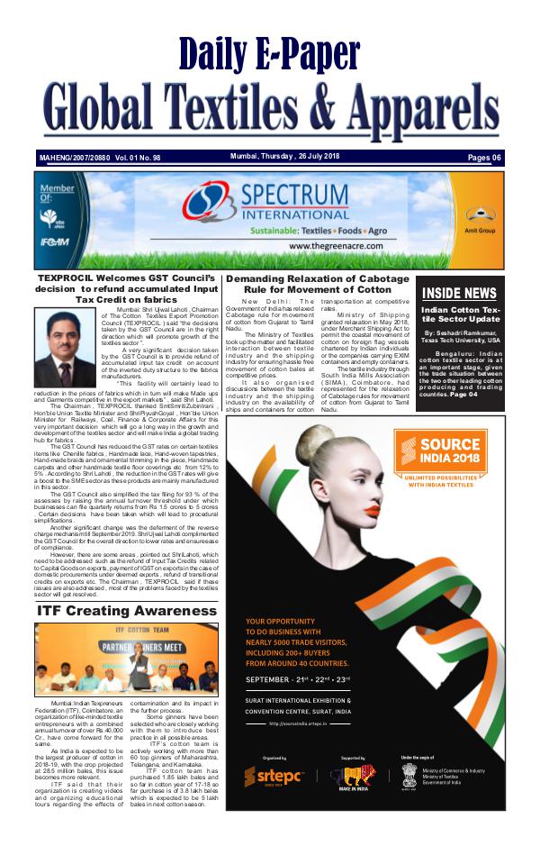 Global Textiles & Apparels - Daily E-Paper (26 July 2018) Global Textiles & Apparels E-PAPER - (26 July 2018