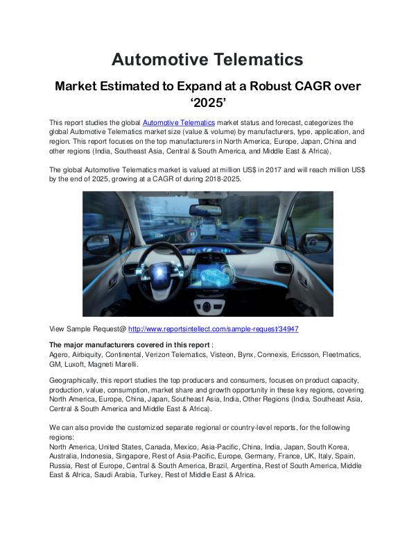 Automotive Telematics Market Estimated to Expand over 2025 Automotive Telematics Market